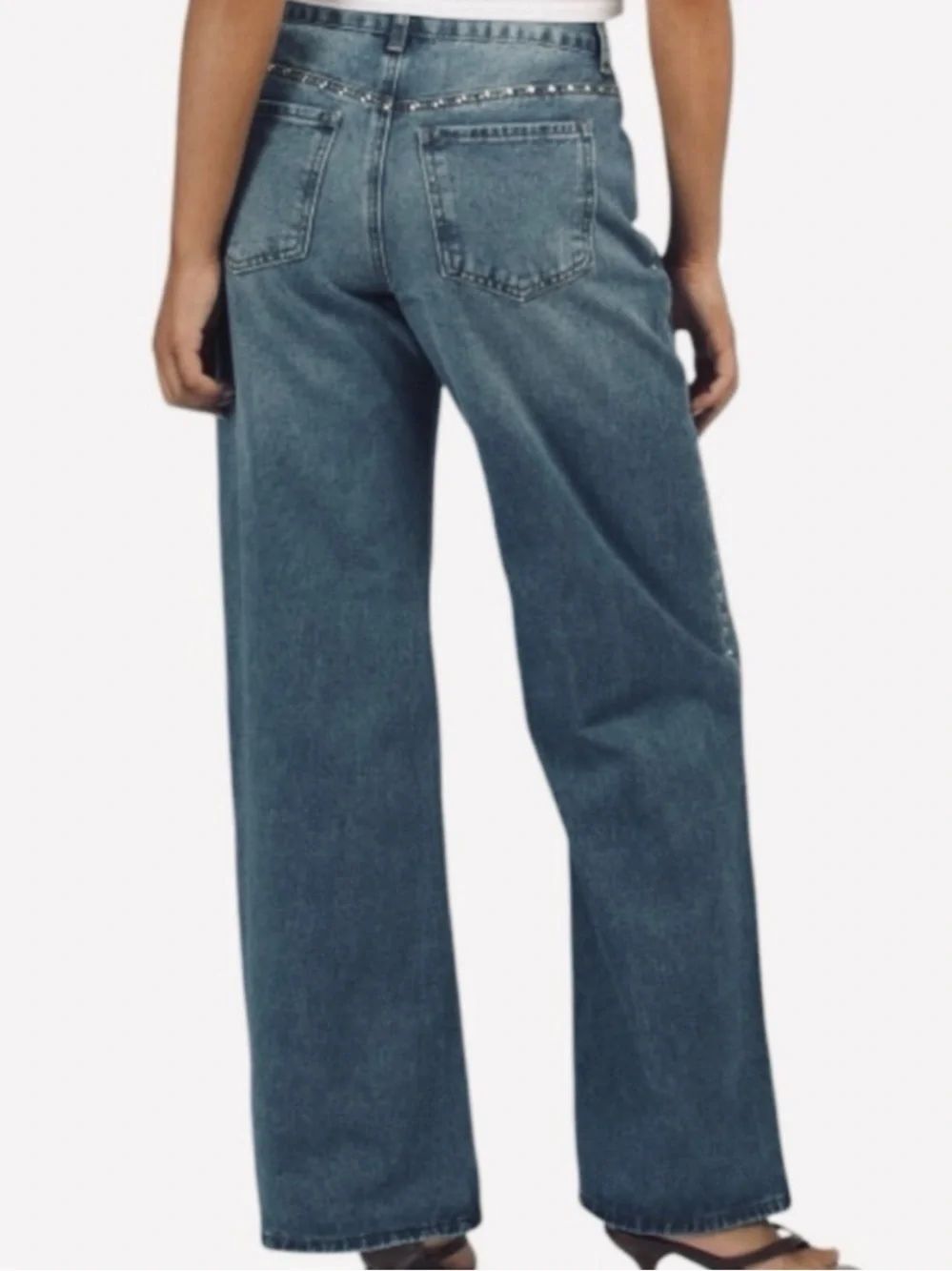 Cali 1850 Blue Medium Wash Silver Studded Wide Leg High Rise Denim Jeans NEW - Picture 2 of 16